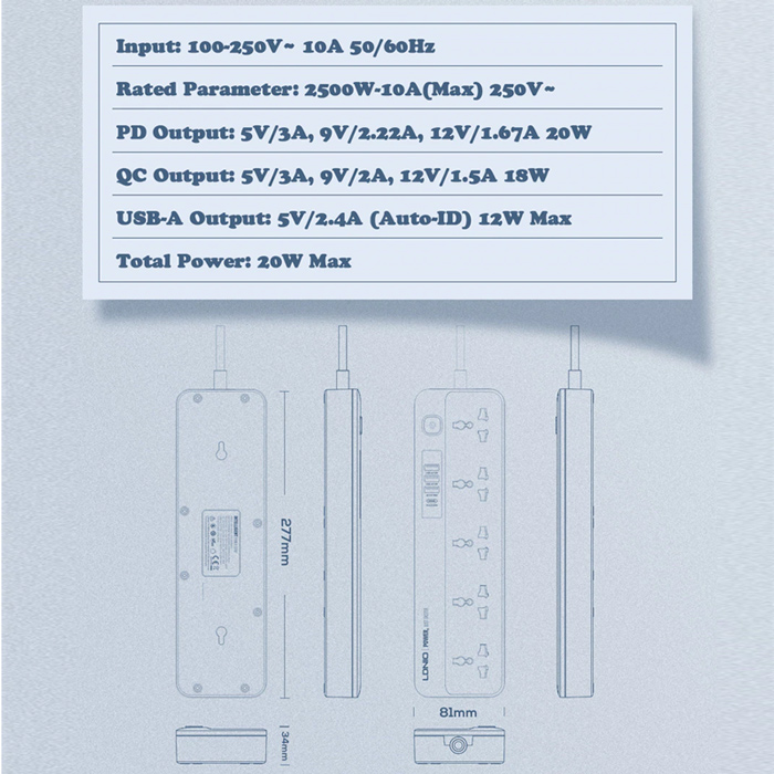 Ổ cắm điện LDNIO - Multi Function Power Strip 5 Power Socket PD QC3 Auto ID SC5415