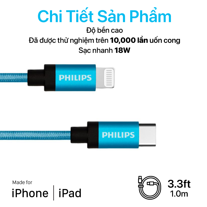 Philips - USB-C To Lightning MFI 1M Aluminum & Rubber Coating Of Metal Wire For External Of Cable - DLC5545