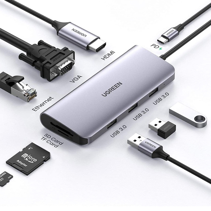Ugreen - 9 in 1 Space Gray USB Type C To 3 USB 3.0 4K-HDMI VGA RJ45 SD-TF PB CM179