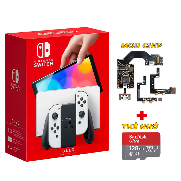 Nintendo Switch OLED model with White Joy‑Con Mod Chip + MicroSD 128GB