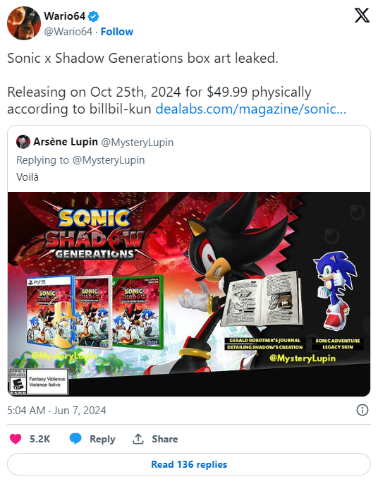 Rò Rỉ Thông Tin Ra Mắt Của Sonic X Shadow Generations