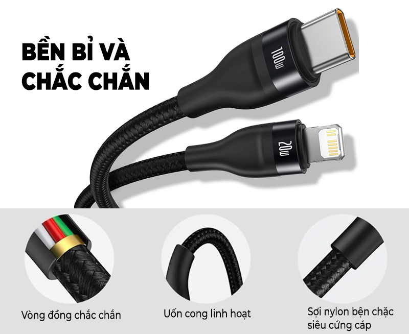 Dây sạc 2 đầu Baseus Flash Series 2in1 Fast Charging Cable USB-C To Lightning + USB-C 100w 