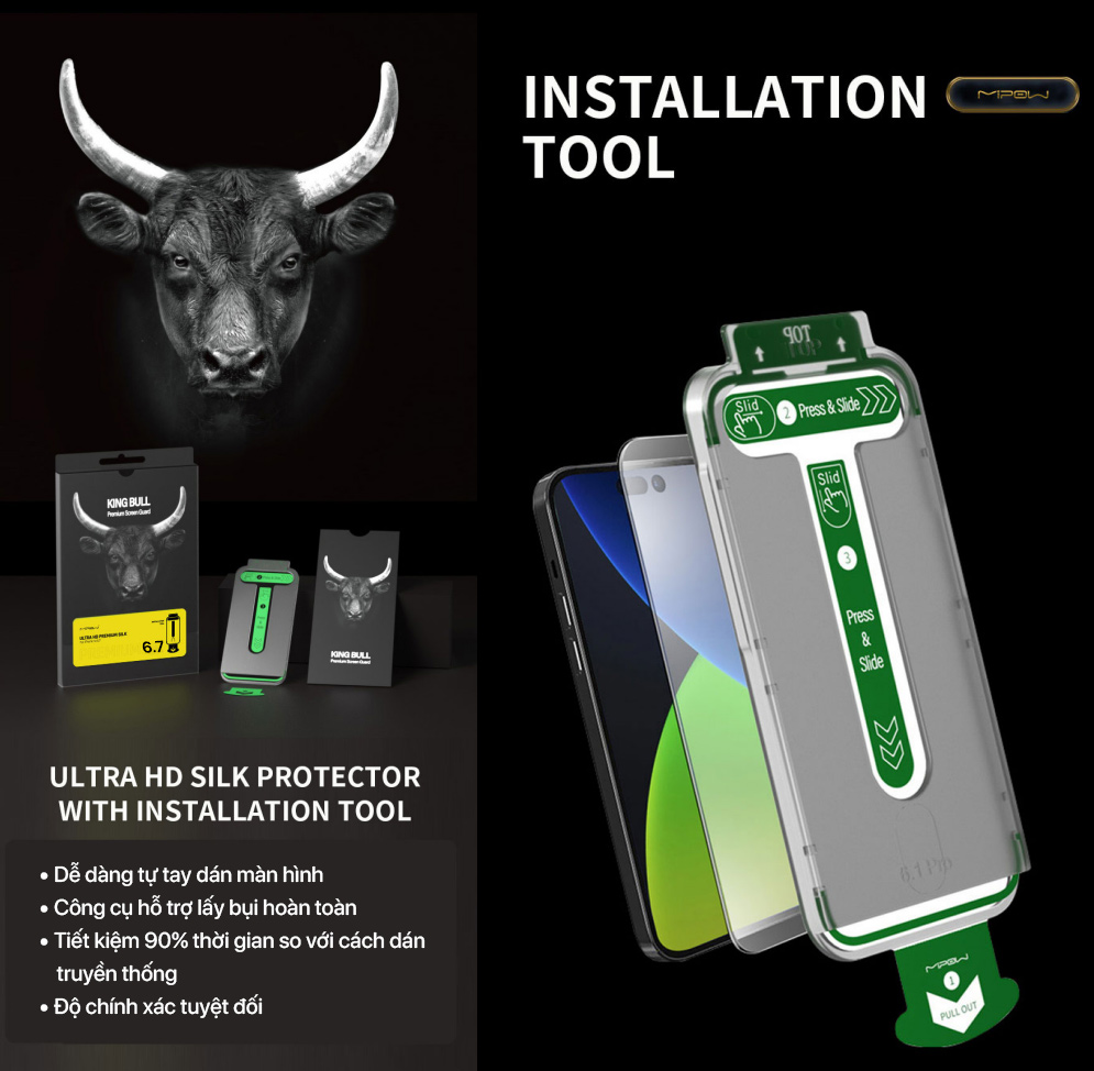 Bộ Dán + Tool Hỗ Trợ Dán Cường Lực iPhone 14 Plus / 13 Pro Max Mipow Kingbull Premium Silk HD