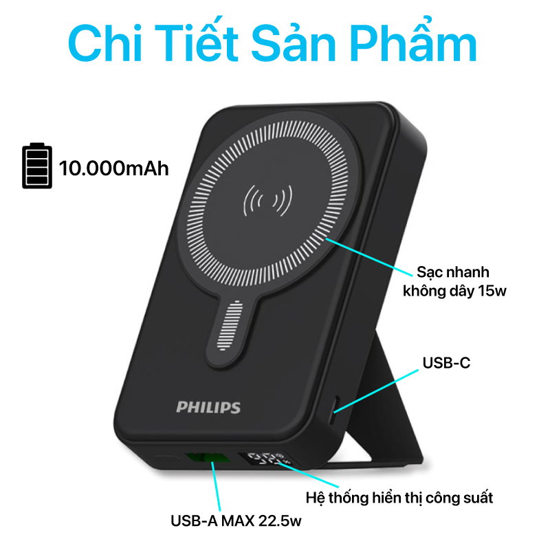 Pin sạc dự phòng Philips - Magsafe Wireless Charger Power Bank With Stand 10000mAh - DLP9859