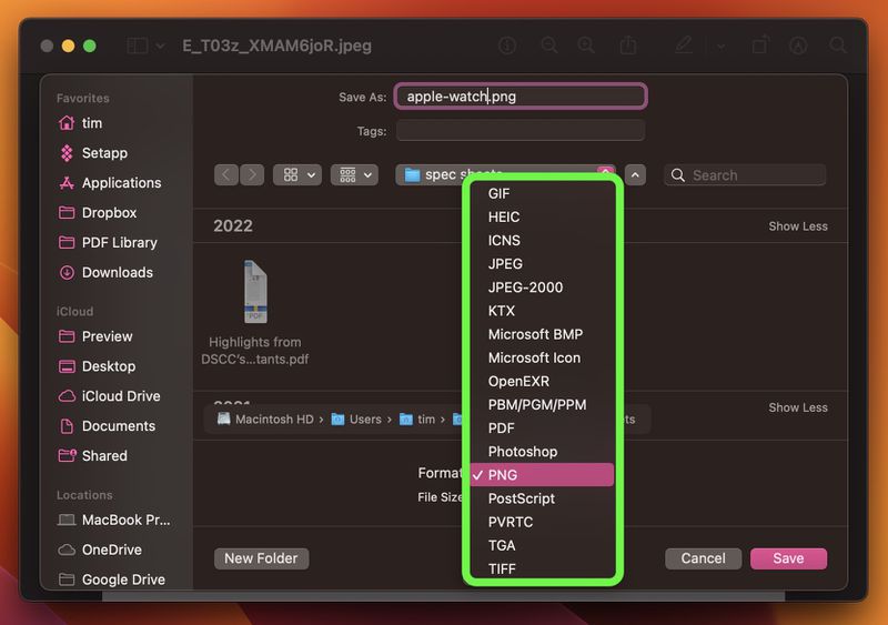 preview save format options