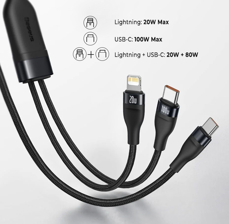Baseus Flash Series 2in1 Fast Charging Cable USB-C To Lightning + USB-C 100w - Green 2 Dây sạc 2 đầu Baseus Flash Series 2in1 Fast Charging Cable USB-C To Lightning + USB-C 100w