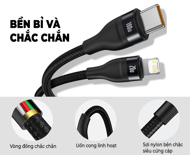 Baseus Flash Series 2in1 Fast Charging Cable USB-C To Lightning + USB-C 100w - Green 7 Dây sạc 2 đầu Baseus Flash Series 2in1 Fast Charging Cable USB-C To Lightning + USB-C 100w