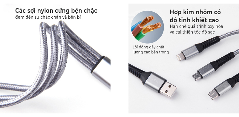 Cáp sạc Ivon CA39 2.4A Max Lightning + USB-C + Micro USB 3 in 1 Charging Cable 1.2m 4 cap sac ivon ca39 2.4a max lightning usb c micro usb 3 in 1 charging cable 120cm 44