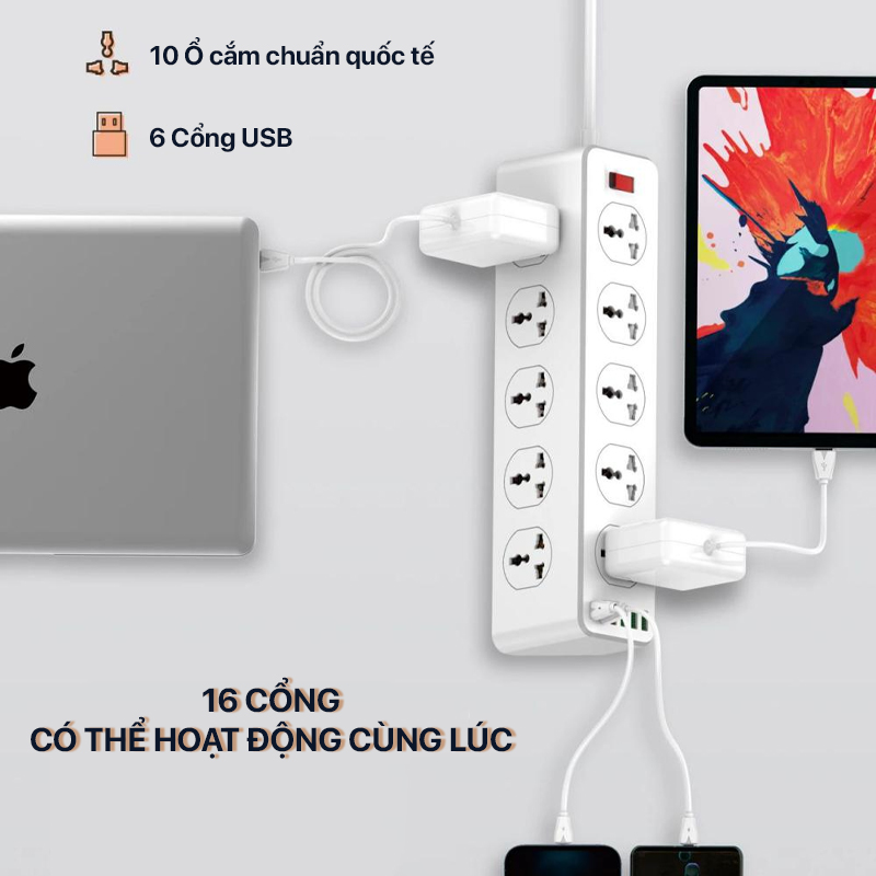 Ổ cắm điện LDNIO - 10 Outlets PD & QC3.0 - 6 USB Power Cord SC10610 3 Ổ cắm điện LDNIO - 10 Outlets PD & QC3.0 - 6 USB Power Cord SC10610