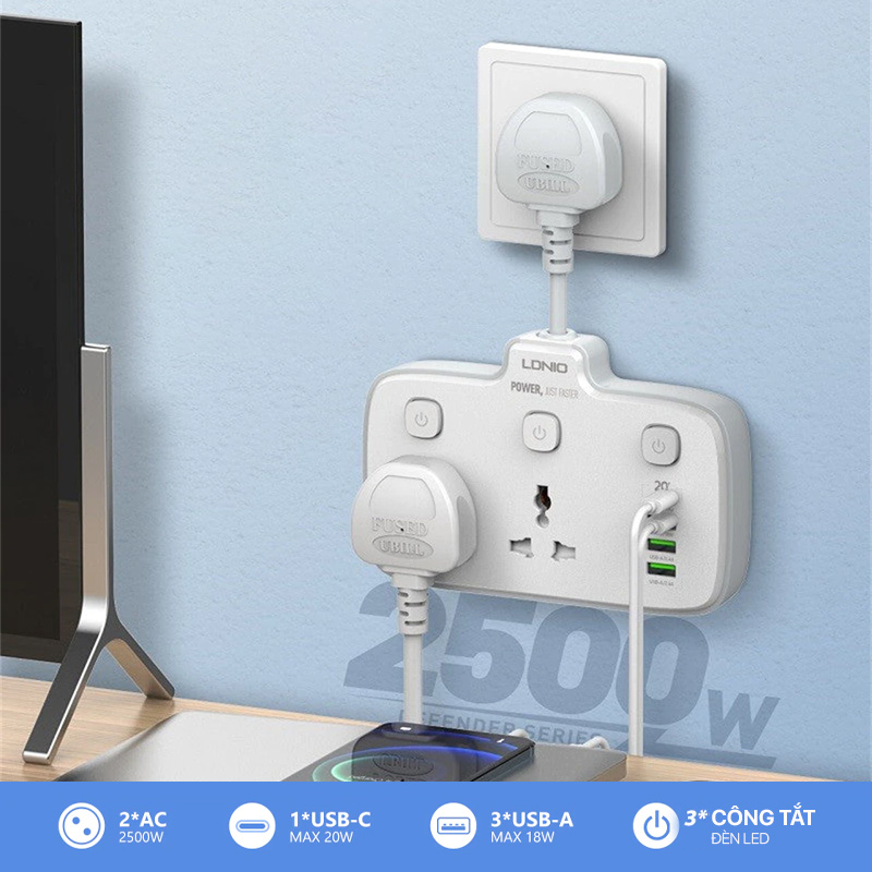 Ổ cắm điện LDNIO - 2500W 1PD & QC3.0 & 2 Auto-ID 2 Universal Outlets SC2413 1 ldnio 2500w 1pd qc3.0 2 auto id 2 universal outlets sc2413 01