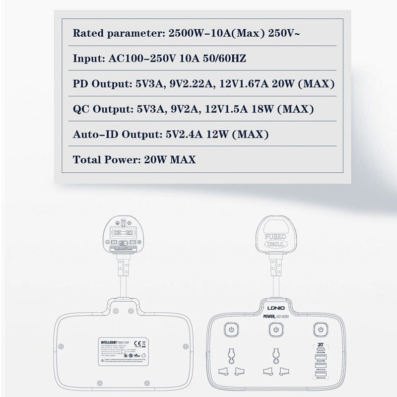 Ổ cắm điện LDNIO - 2500W 1PD & QC3.0 & 2 Auto-ID 2 Universal Outlets SC2413 5 ldnio 2500w 1pd qc3.0 2 auto id 2 universal outlets sc2413 04
