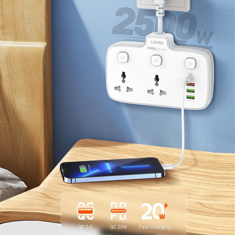 Ổ cắm điện LDNIO - 2500W 1PD & QC3.0 & 2 Auto-ID 2 Universal Outlets SC2413 3 ldnio 2500w 1pd qc3.0 2 auto id 2 universal outlets sc2413 05