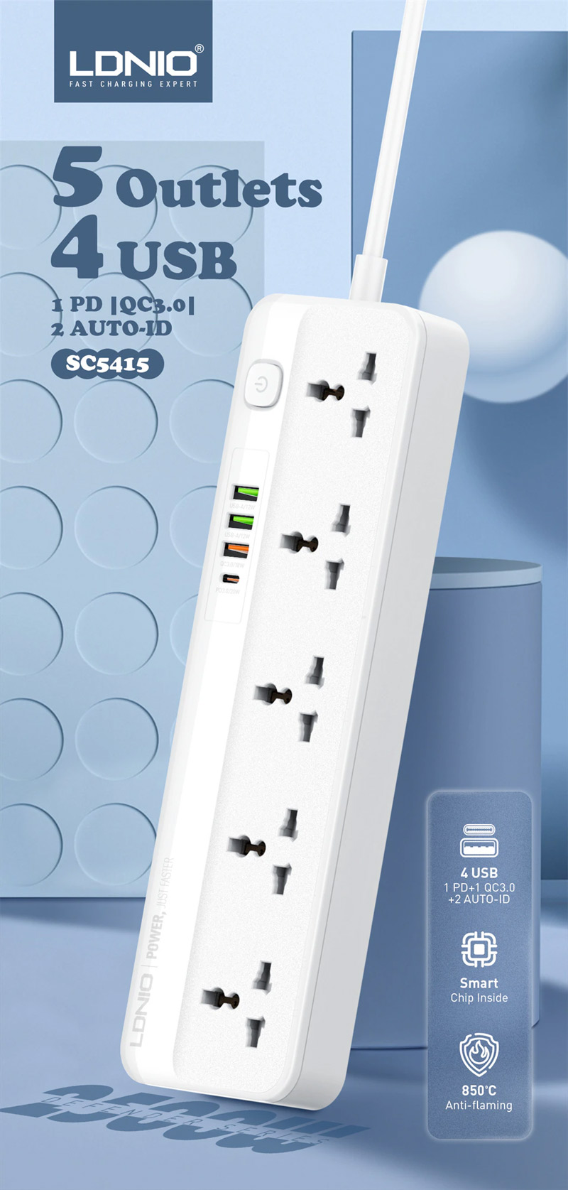 Ổ cắm điện LDNIO - Multi Function Power Strip 5 Power Socket PD QC3 Auto ID SC5415 1 Ổ cắm điện LDNIO - Multi Function Power Strip 5 Power Socket PD QC3 Auto ID SC5415