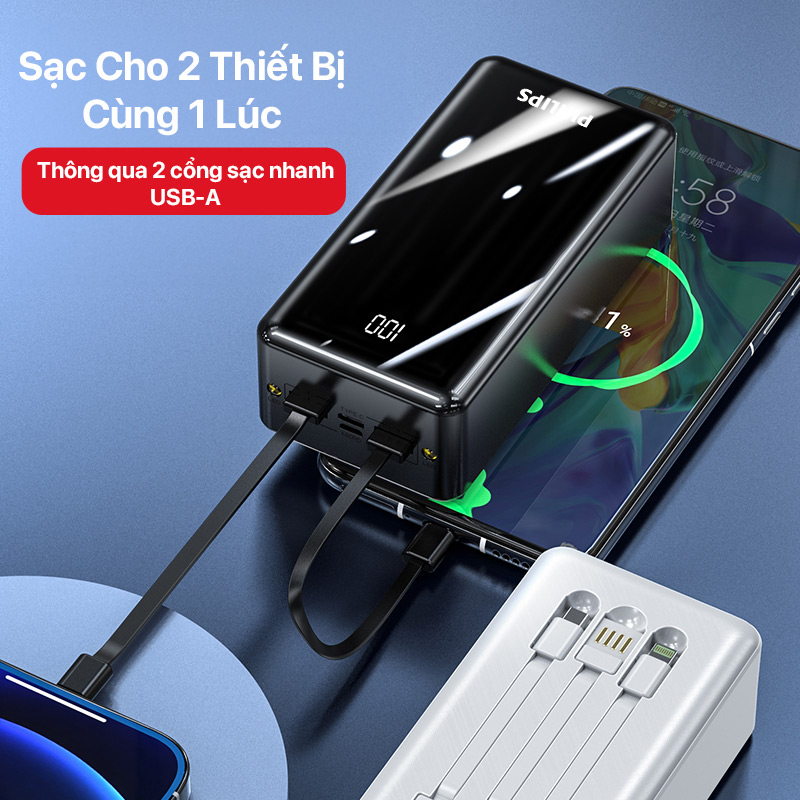 Pin sạc dự phòng Philips -DLP9693 - 22.5W With 3 Cables - 30000mAh 3 Philips - Polymer Battery 22.5 With 3 Cables Power Bank 30,000mAh White - DLP9693