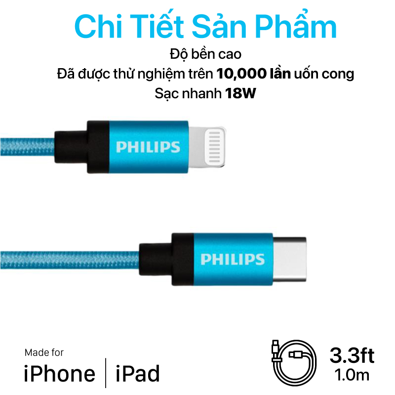 Philips - USB-C To Lightning MFI 1M Aluminum & Rubber Coating Of Metal Wire For External Of Cable - DLC5545 1 Cáp sạc Philips - Type C To Lightning MFI 1M Aluminum