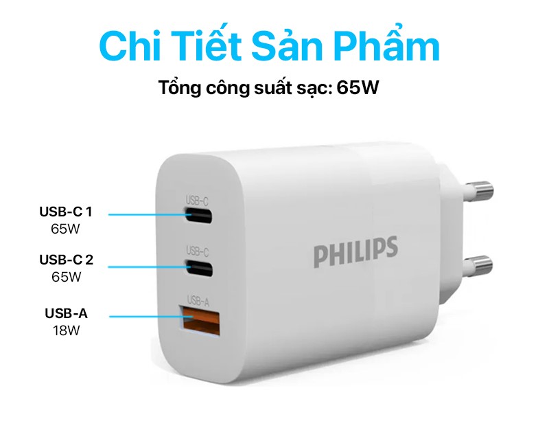 Philips Wall Charger PD65W+QC3.0 - DLP6333 1 src=Cốc sạc nhanh Philips Wall Charger PD65W+QC3.0 White - DLP6333