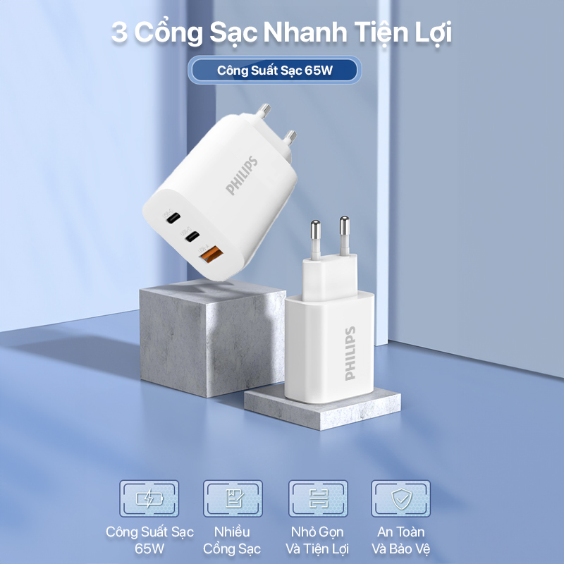 Philips Wall Charger PD65W+QC3.0 - DLP6333 4 src=Cốc sạc nhanh Philips Wall Charger PD65W+QC3.0 White - DLP6333