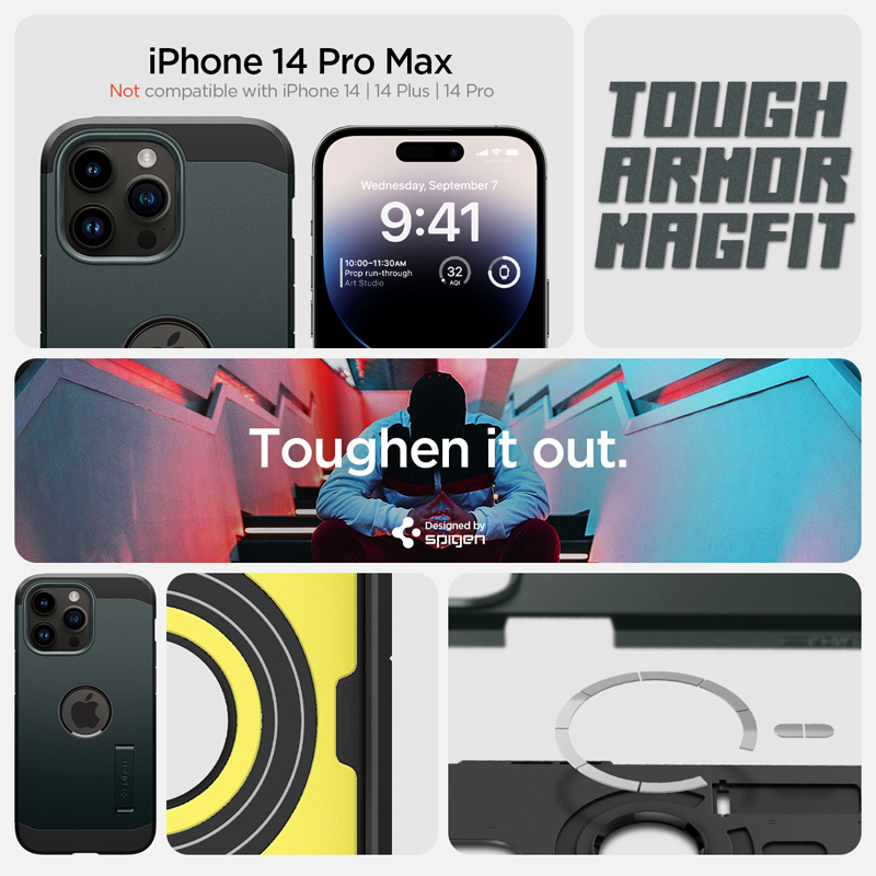 Case Spigen Iphone 14 Pro Max Tough Armor Magfit Abyss Green 1 op lung spigen iphone 14 pro max tough armor magfit magsafe abyss green 01