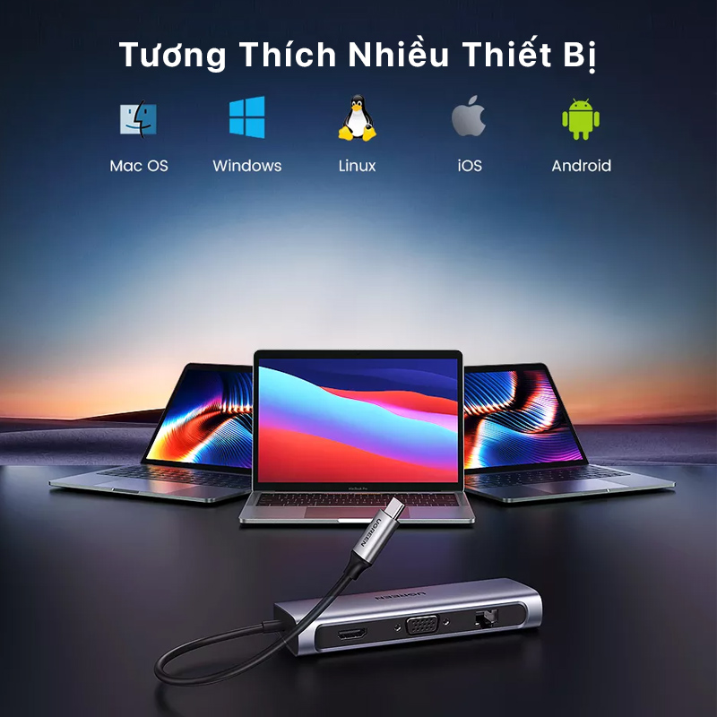 Ugreen - 9 in 1 Space Gray USB Type C To 3 USB 3.0 4K-HDMI VGA RJ45 SD-TF PB CM179 3 ugreen 9in1 space gray usb type c to 3xusb3.0 4k cm179 05